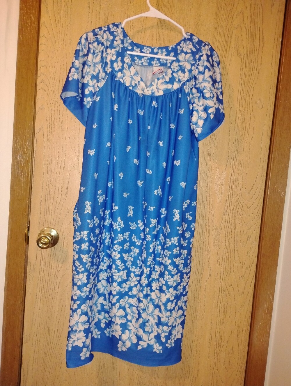 Vintage Granada 70s Blue White Floral Muumu House Dress Lounger Pockets Large